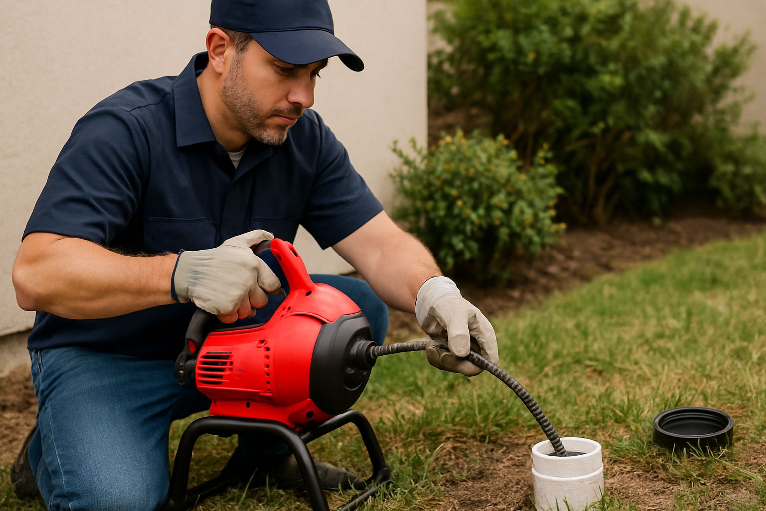 Professional clearing a clogged drain with a drain cable