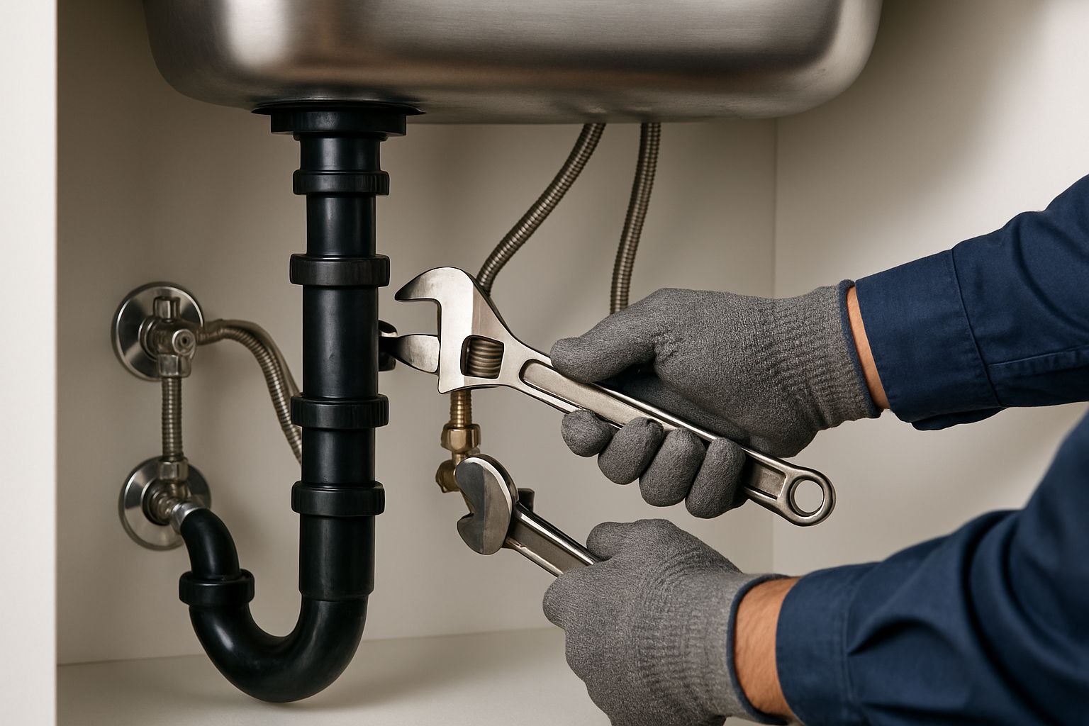 Plumber repairing pipes beneath a kitchen sink