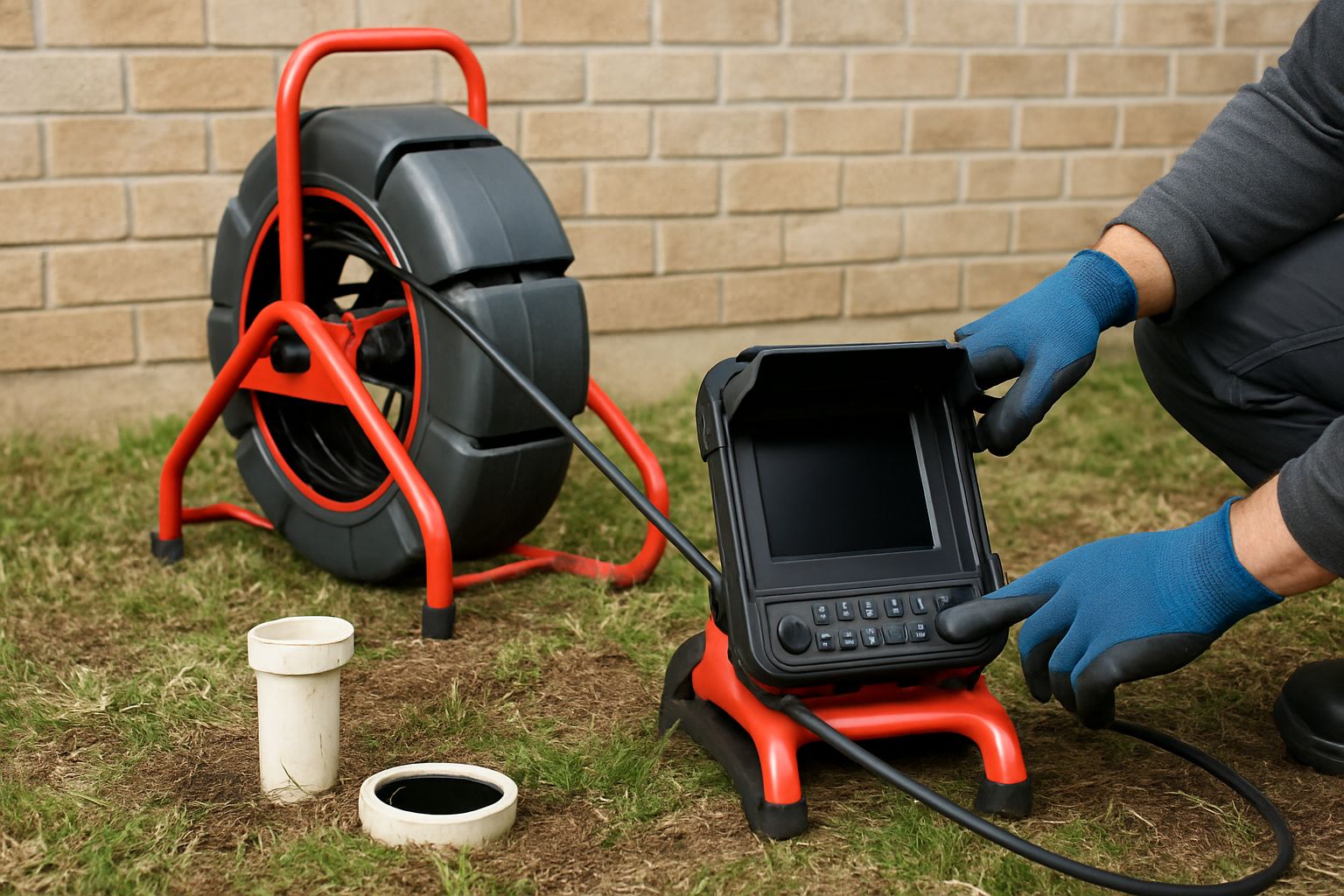 Sewer inspection camera and monitor beside a pipe cleanout