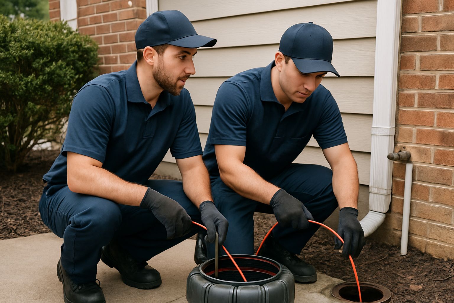 Two plumbing technicians reviewing drain inspection equipment together