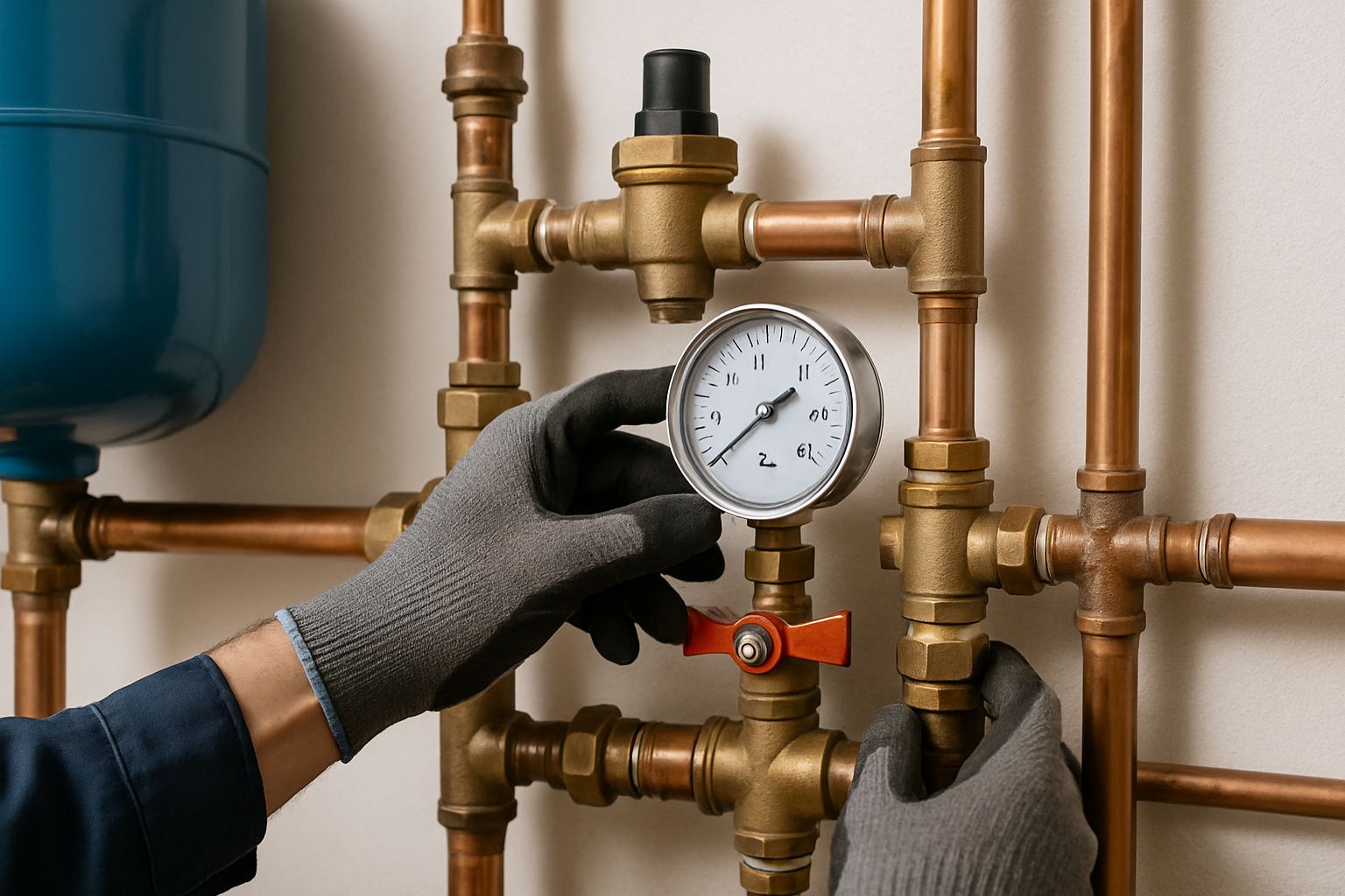 Technician checking a water system pressure gauge and valves